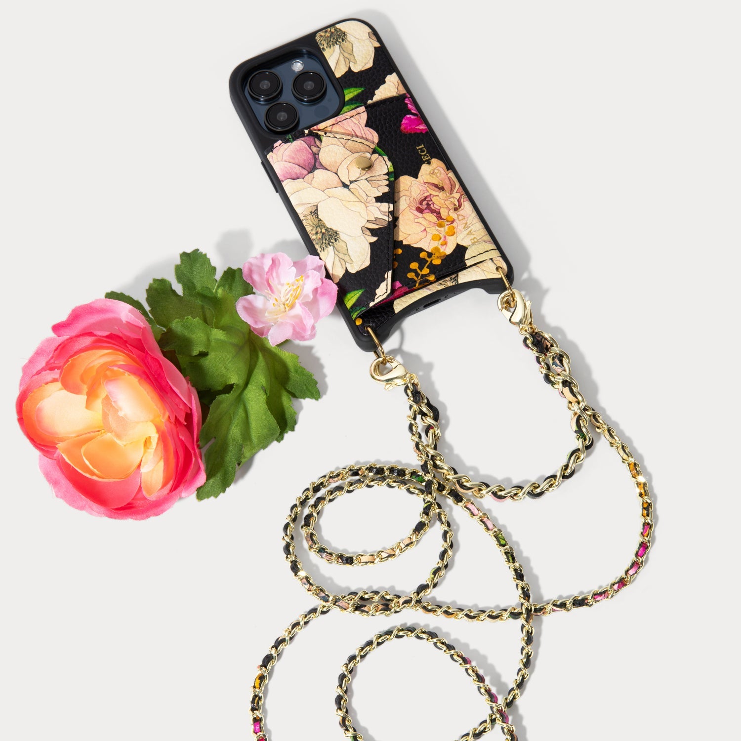 Lily Side Slot Leather Crossbody Bandolier - Ceci Black Floral/Gold