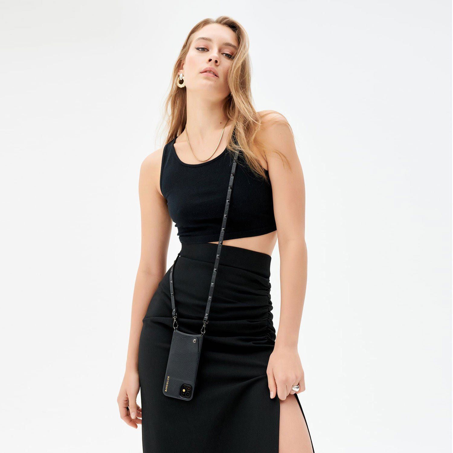 Sarah Pebble Leather Crossbody Bandolier - Black/Pewter