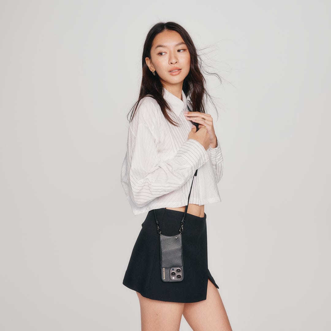 Emma Pebble Leather Crossbody Bandolier - Black/Pewter