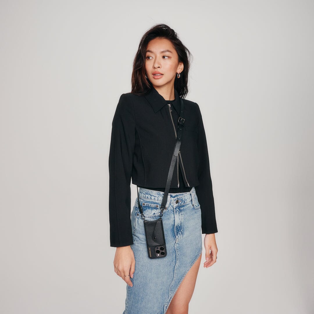 Hailey Side Slot Leather Crossbody Bandolier - Black/Pewter