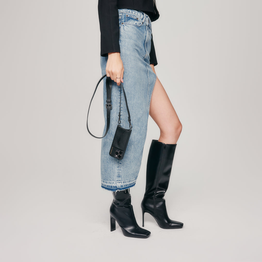 Hailey Side Slot Leather Crossbody Bandolier - Black/Pewter