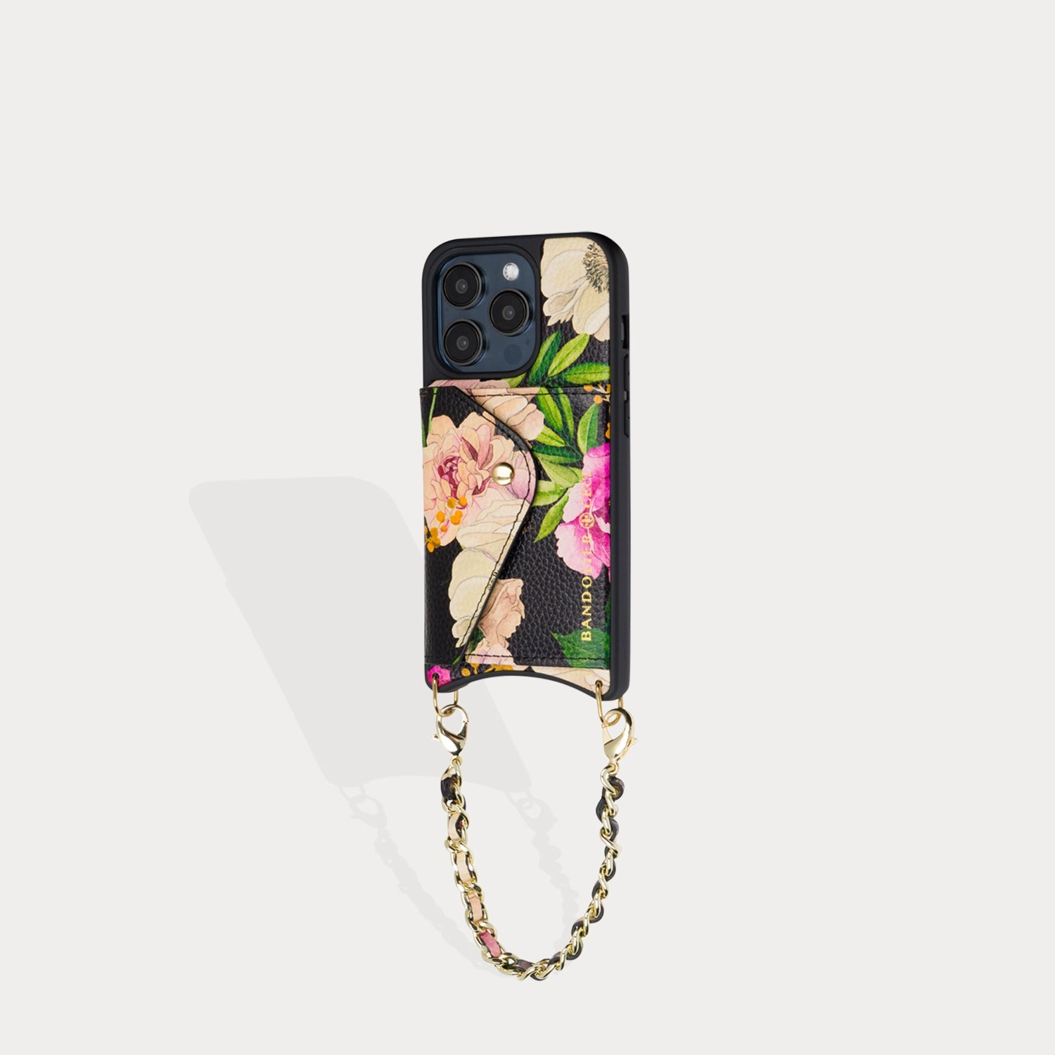 Lily Side Slot Leather Crossbody Bandolier - Ceci Black Floral/Gold