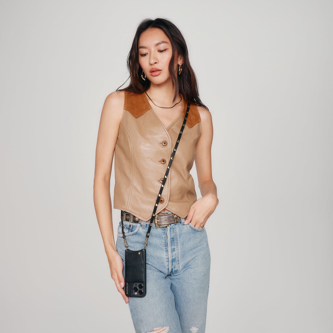 Sarah Pebble Leather Crossbody Bandolier - Black/Gold