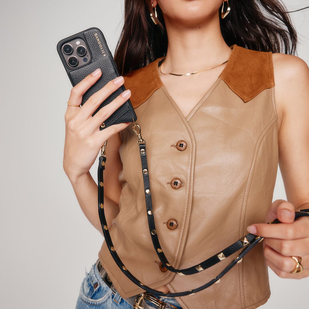 Sarah Pebble Leather Crossbody Bandolier - Black/Gold