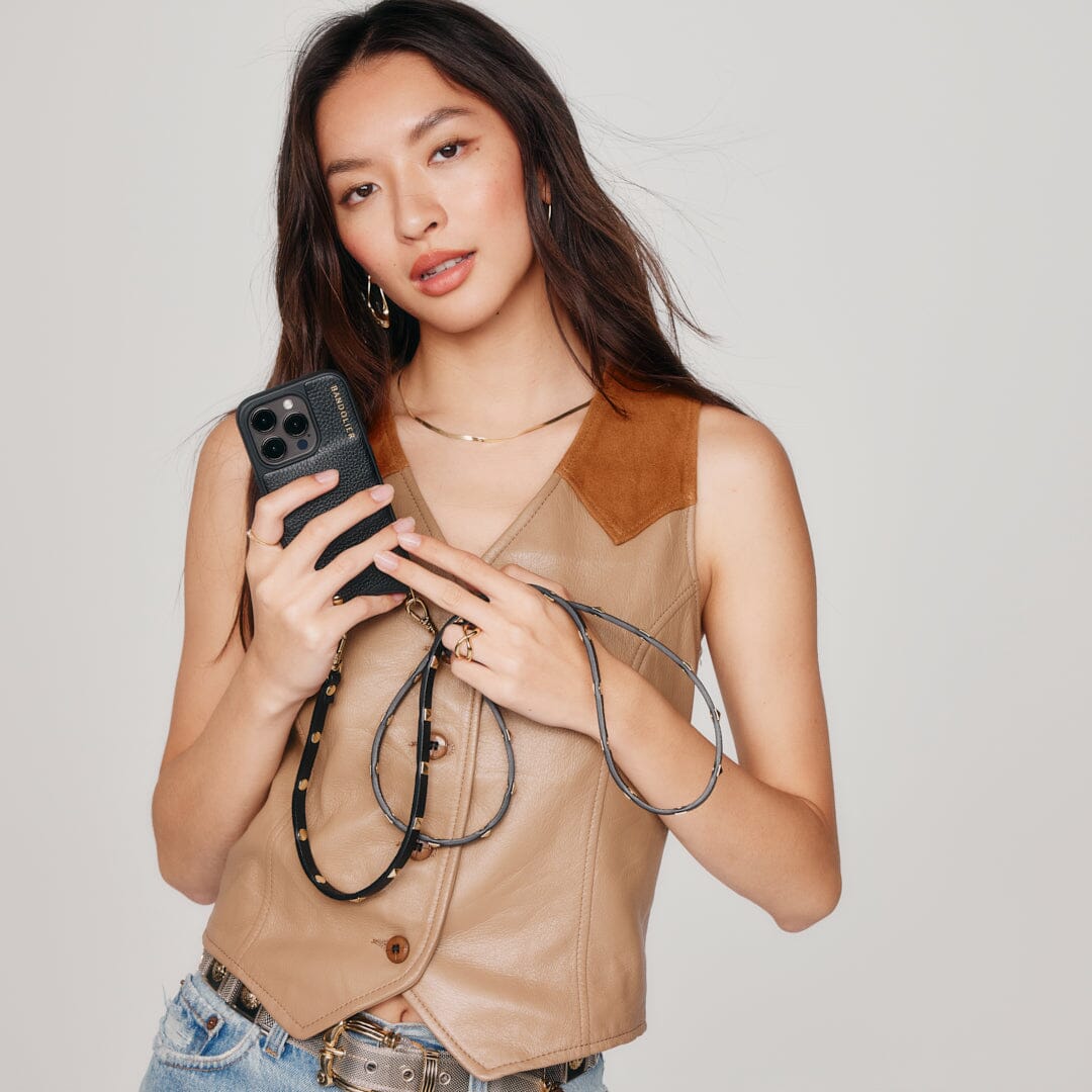 Sarah Pebble Leather Crossbody Bandolier - Black/Gold