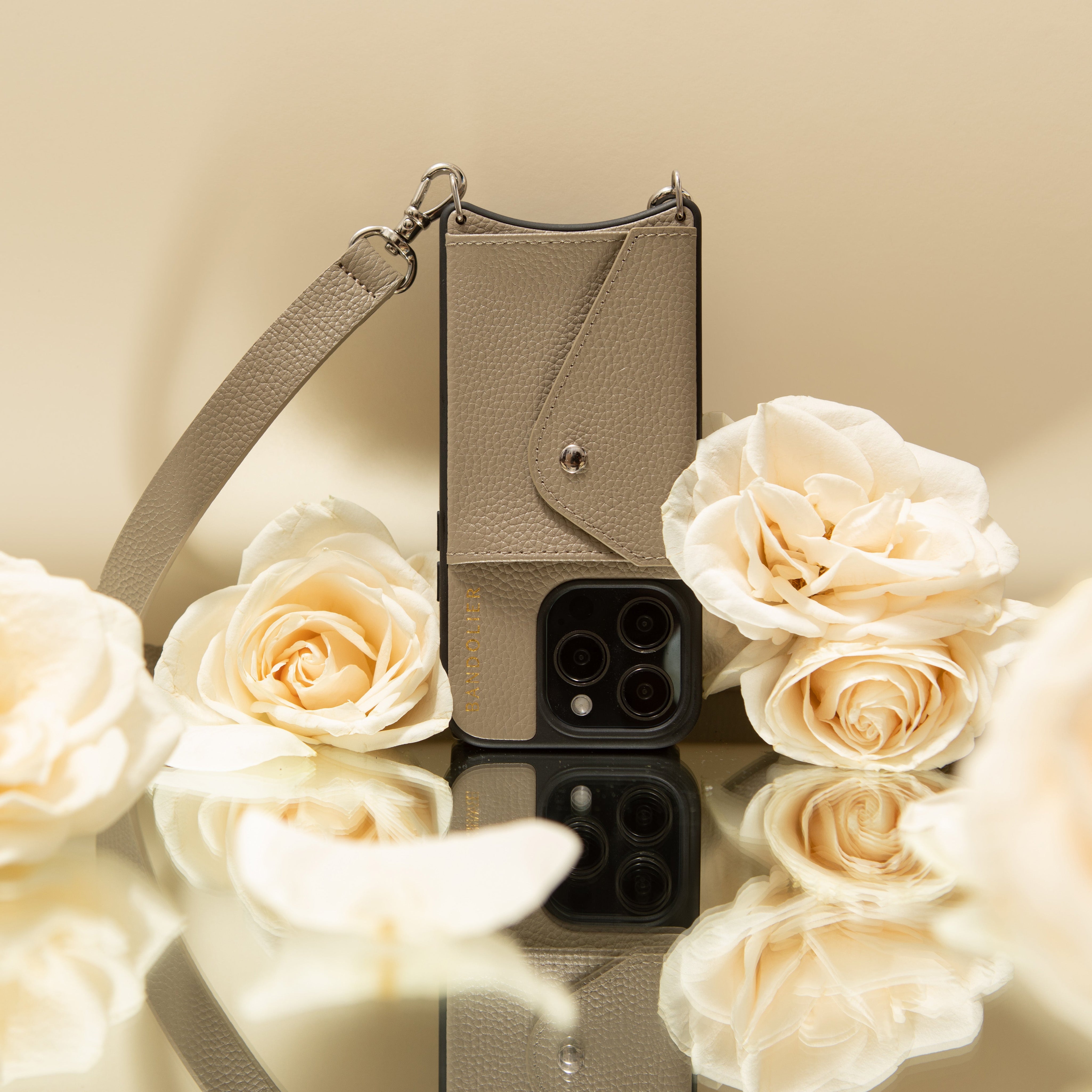 Hailey Side Slot Leather Crossbody Bandolier - Greige/Silver