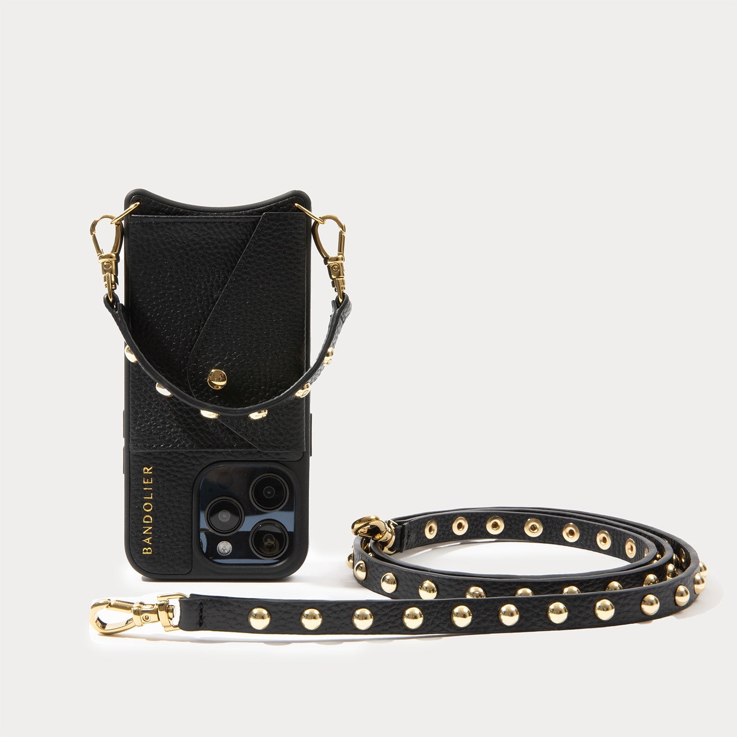 Annie Side Slot Leather Crossbody Bandolier Set - Black/Gold