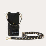 Annie Side Slot Leather Crossbody Bandolier Set - Black/Gold