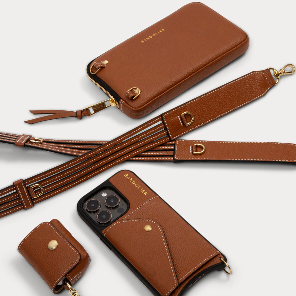 Sadie Side Slot Leather Crossbody Bandolier - Sienna/Gold